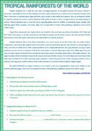 English Worksheet: TROPICAL RAINFORESTS IN THE WORLD /ENVIRONMENT