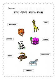 English worksheet: FIND THE ANIMALS 1