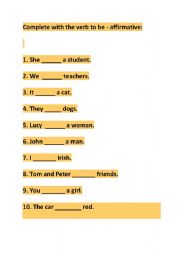 English Worksheet: Verb to be Affirmative Exercise