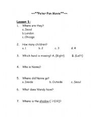 English worksheet: Peter Pan Movie Worksheet