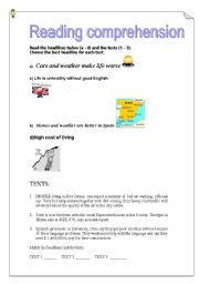 English Worksheet: Reading Comprehension A1 : headlines and articles