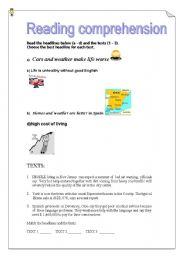 English worksheet: Reading Comprehension A1 : headlines and articles