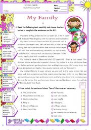 English Worksheet: My Family  -  Reading Test