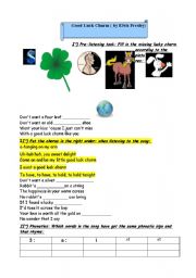 English worksheet: Good luck charms and superstition song plus quizzes