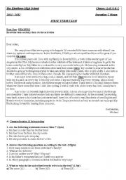 English Worksheet: First Tem Examination