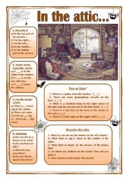 English Worksheet: In the attic (picture description, prepositions, articles...)