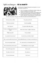 English Worksheet: Split axchanges: At a party