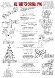 English Worksheet: Song + Gap-Filling + Pictionary - ALL I WANT FOR CHRISTMAS 