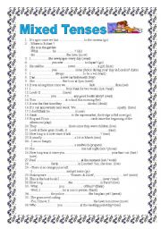 English Worksheet: Mixed tenses, 2 pages (Key included)