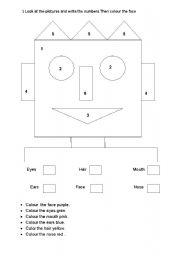 English Worksheet: Parts of the face in the form of colouring