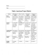English Worksheet: Native American Project Rubric