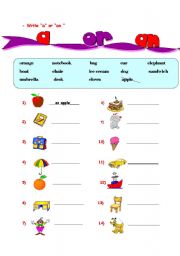 English Worksheet: Determiners( a-an)  