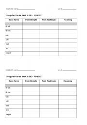 English worksheet: Irregular verbs test 3: BE-FORGET