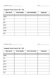 English worksheet: Irregular verbs test 4: BE-HIT