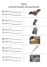 English worksheet: Phonics - 3 letter words (CVC) - Writing -AT