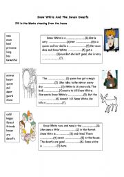 A reading worksheet for vocabulary exercise about Snow White and the Seven Dwarfs