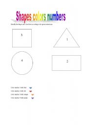 English worksheet: shapes numbers colors
