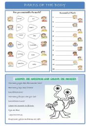 Parts of the Body: Unscramble, write, answer the questions and colour!