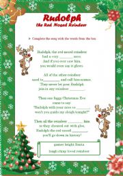 English Worksheet: Rudolph the Red Nosed Reindeer- Song! (B&W included)