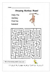 English Worksheet: Animals 4 - Amazing Monkey Maze *Editable