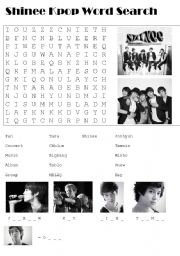 English Worksheet: Korean Pop (Shinee) themed word search