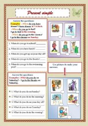 English Worksheet: Present Simple (My work day) - Answer the questions using right prepositions + Pictures