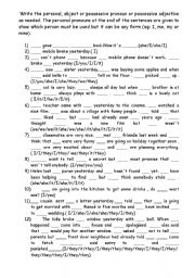 English Worksheet: PERSONAL, OBJECT AND POSSESSIVE PRONOUNS AND POSSESSIVE ADJECTIVES
