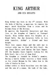 English Worksheet: A LEGEND: King Arthur and his knights (shorter form)