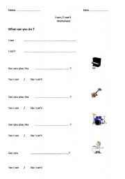 English Worksheet: I can - I cant worksheet with musical instruments vocabulary