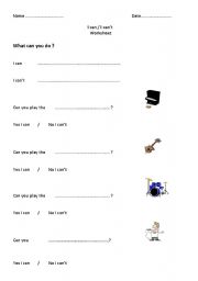 English worksheet: I can - I cant worksheet with musical instruments vocabulary