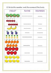 English Worksheet: lovely fruits and numbers