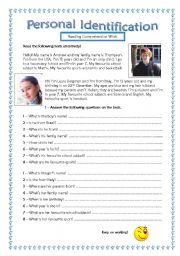 English Worksheet: 5th/6th graders reading comprehension practice-Personal identification. 