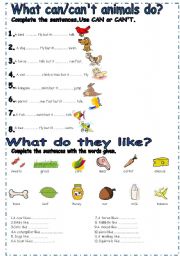 English Worksheet: What can animals do?/What they like?