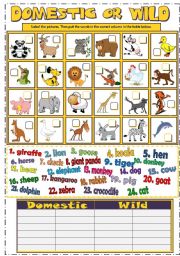 English Worksheet: DOMESTIC or WILD ANIMALS (B&W + KEY)