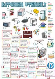 English Worksheet: KITCHEN UTENSILS (B&W + KEY)