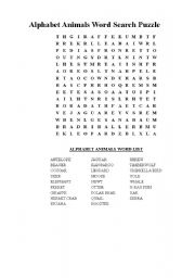 English Worksheet: Alphabet Animals Word Search Puzzle