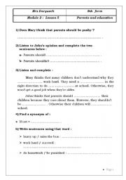 English Worksheet: 8th form Module 2 Lesson 5 (Parents and  education) Part 1