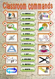 English Worksheet: Classroom commands (2 versions + answer key)