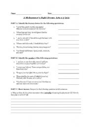 English Worksheet: A Midsummer Nights Dream Quiz Acts 3-5