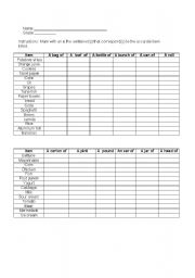 English Worksheet: containers and measurements. countable nouns. 