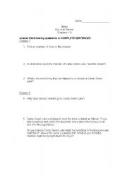 English Worksheet: Holes Chapters 1-3