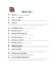 English worksheet: About Me. Questionnaire
