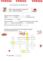 English Worksheet: VALENTINES DAY TEST AND CROSSWORD