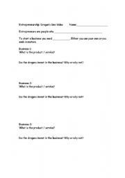 English Worksheet: Dragons Den Video Reflection Worksheet