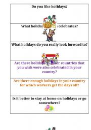 English worksheet: Speaking cards Holidays