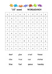 English Worksheet: Long U sound - ue wordsearch