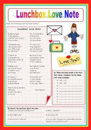English Worksheet: A Valentines poem: Lunchbox Love Note