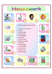 English Worksheet: Housework * 6 exercises * 3 pages * key included
