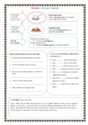 English worksheet: quantifiers too much, too many