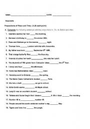 English Worksheet: prepositions of Place and Time